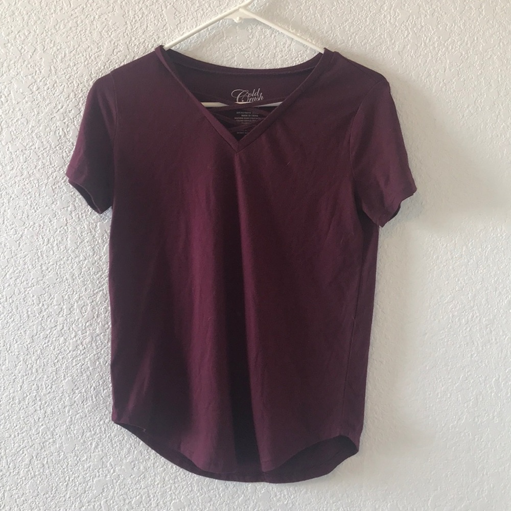 crisscross short sleeve purplish maroon shirt